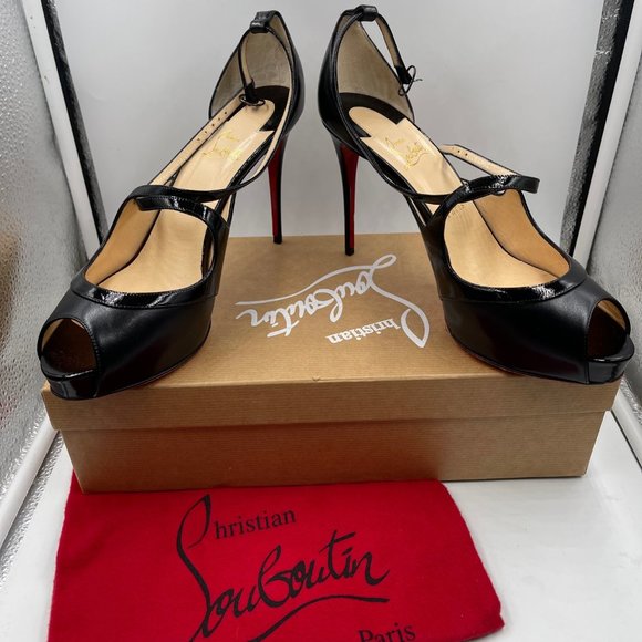 Christian Louboutin Black Leather Mira Bella Cross Me Peep Toe Pumps size 41 - Picture 2 of 4